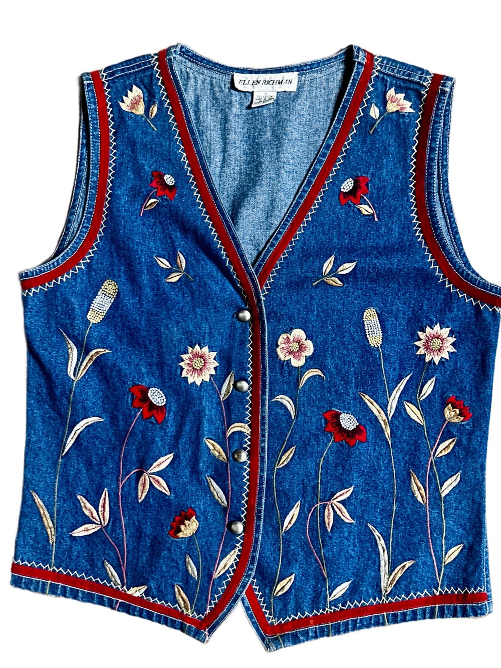 Elllen Richman ~ Medium ~ Blue Denim W/ Fall Multi-Colors Embroidery Floral Vest